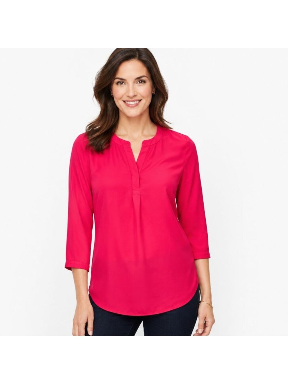 Talbots Womens Split Neck Popover Top Blouse Solid Pink 3/4 Sleeve Size L